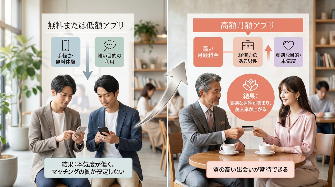 月額料金が高いアプリほど本気の男性が集まり美人率が上がる